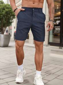 Manfinity Homme Men's Solid Color Pocket Casual Slim Fit Shorts, Summer Navy Blue Shorts - Navy Blue - View 3