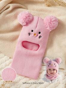 Cozy Pixies 1个黑色带绒球的拉法帽，新生儿滑雪面罩，幼儿针织帽，双球设计，男女宝宝通用，儿童冬季保暖帽，儿童针织帽 - 粉色 - 查看 2