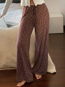 Livesso Ditsy Floral Knit Contrast Trim Waistband Women Pajama Bottoms - Brown - View 5