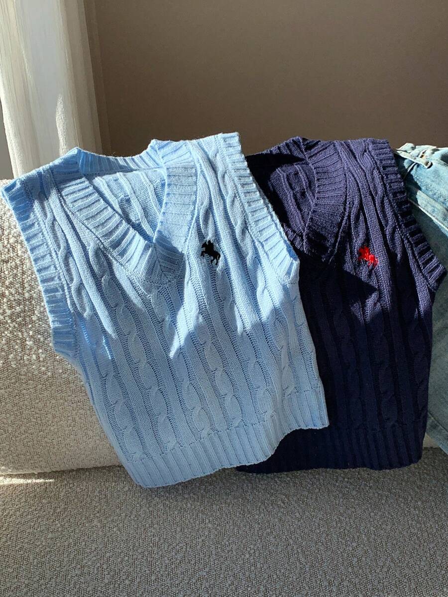 Comfortcana 女士休闲多色百搭刺绣针织背心，蓝色拼接毛衣背心，适合秋冬季穿着 - 彩色 - 查看 1