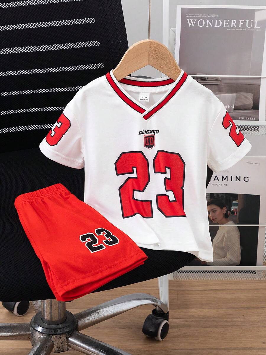 2pcs/Set  0-3 Years Old Infant/Toddler Boys' Casual Sports Set, Including 23# Print V-Neck Short Sleeve T-Shirt And Shorts, Suitable For All Seasons, Short Trips, Holidays, Outings, Relaxation, Daily Home Wear, Layering, Fits 3 Months To 24 Months Baby Boys, Infant/Toddler Boys Clothing, Street Style Infant/Toddler Boys Outfit Baby Boy Football Clothes Toddler Jersey Set 2t Boy Sets Baby Boy Street Wear - Multicolor - View 1