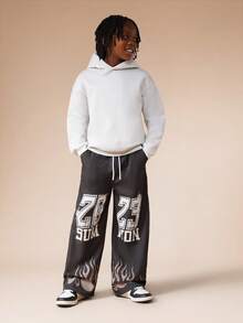 SUMWON Boys Grunge Style Wide Leg Pants With Flame Print And Varsity Numeric Graphics For Casual School Wear Vacation - Black - View 3