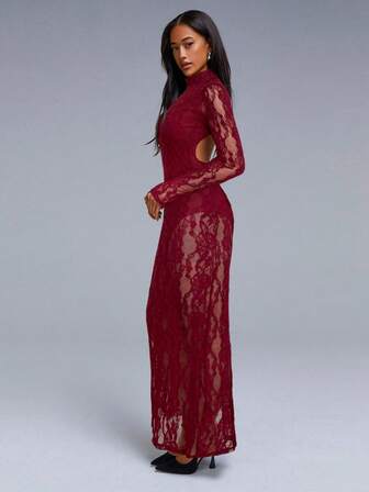 Athîral Women's Sexy Lace Backless Long Sleeve Dress, See Through Dress, Sexy Long Dress, Lace Maxi Dress