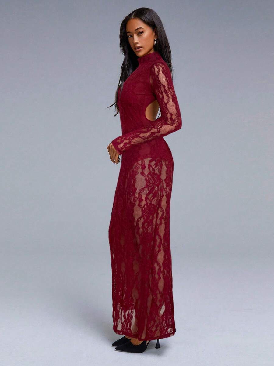 Athîral Women's Sexy Lace Backless Long Sleeve Dress, See Through Dress, Sexy Long Dress, Lace Maxi Dress - Burgundy - View 1