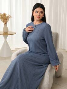 Mulvari Women's Casual Gray-Blue Round Neck Dress, Autumn/Winter - Blue - View 3