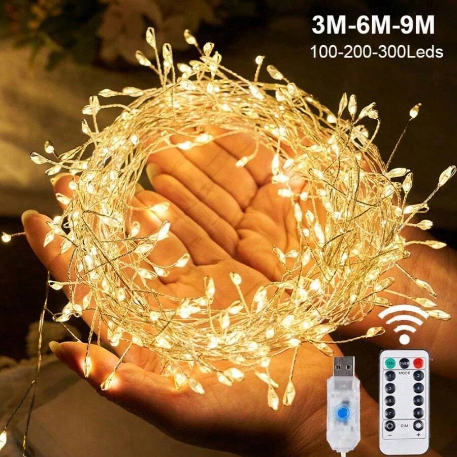1串100/200/300颗LED灯珠,USB接口,8种模式,3/6/9米长,适用于婚礼、生日派对、露营、万圣节、圣诞节装饰,闪烁灯串,可用于户外、花园、露台、庭院、圣诞树装饰。 - 彩色 - 查看 1