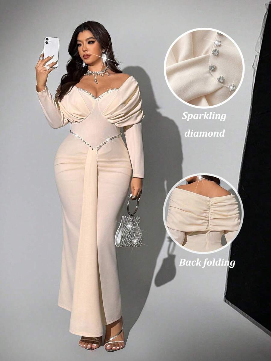 Viva Relle 大码女士优雅浪漫奢华钻石装饰无肩带收腰长袖连衣裙，秋冬款 - 杏色 - 查看 1