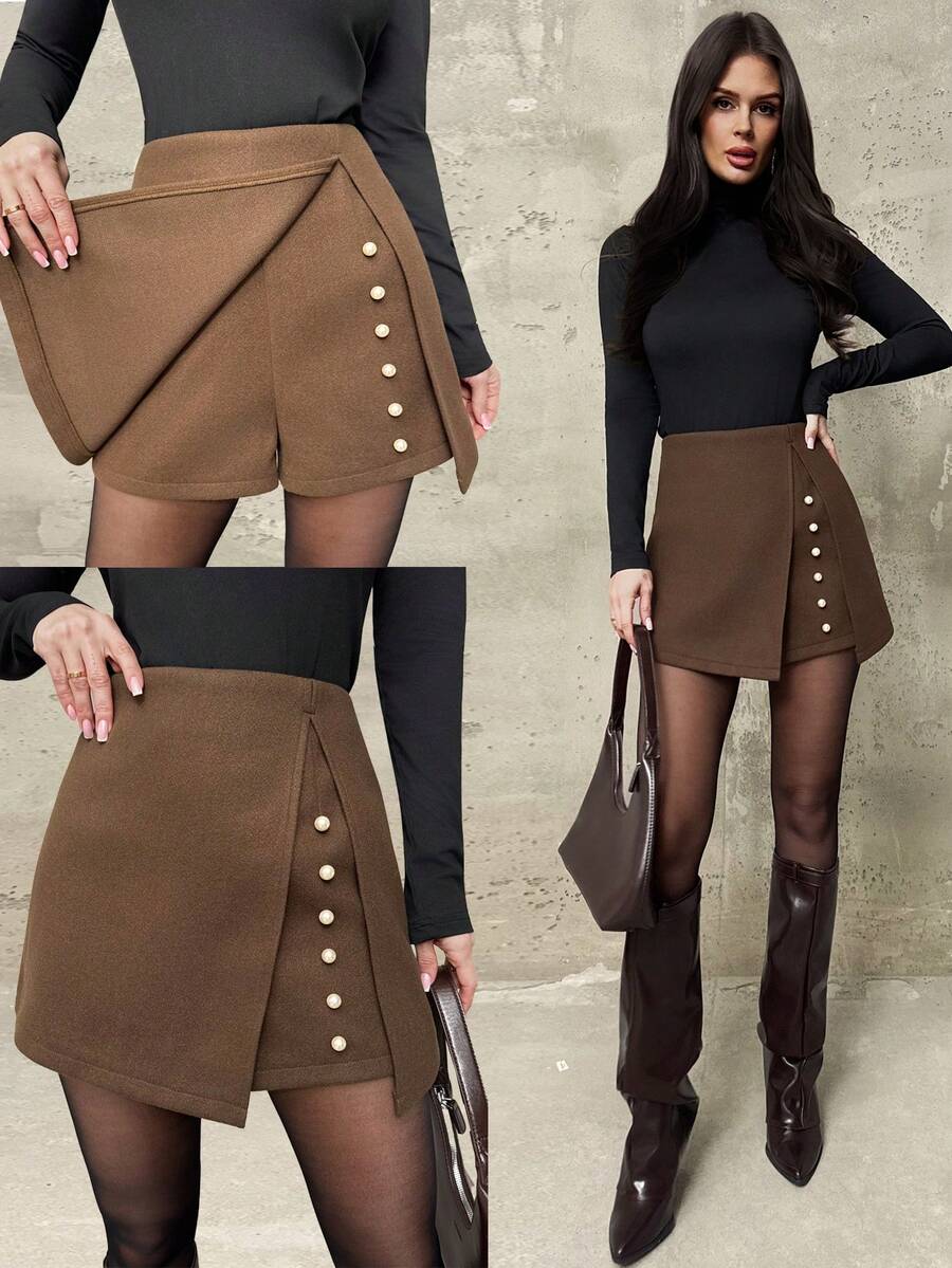 Firerie 女士优雅日常都市通勤短裤，棕色羊毛面料，裹身式裙裤，金属扣装饰高腰短裤，秋冬款 - 棕色 - 查看 1