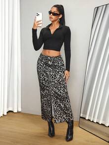 SHEIN Essnce Women's High Waist Leopard Print Slit Hem Pencil Denim Skirt - Black - View 10