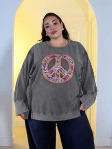 Pretty and Ole Sweat-shirt ample décontracté avec broderie florale, fente ouverte, épaules tombantes, automne, grande taille