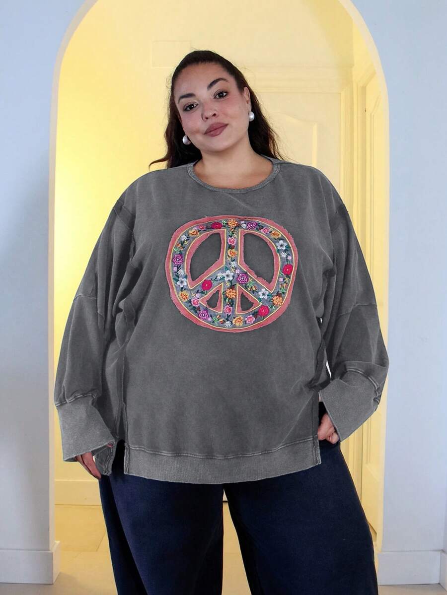 Pretty and Ole Sweat-shirt ample décontracté avec broderie florale, fente ouverte, épaules tombantes, automne, grande taille