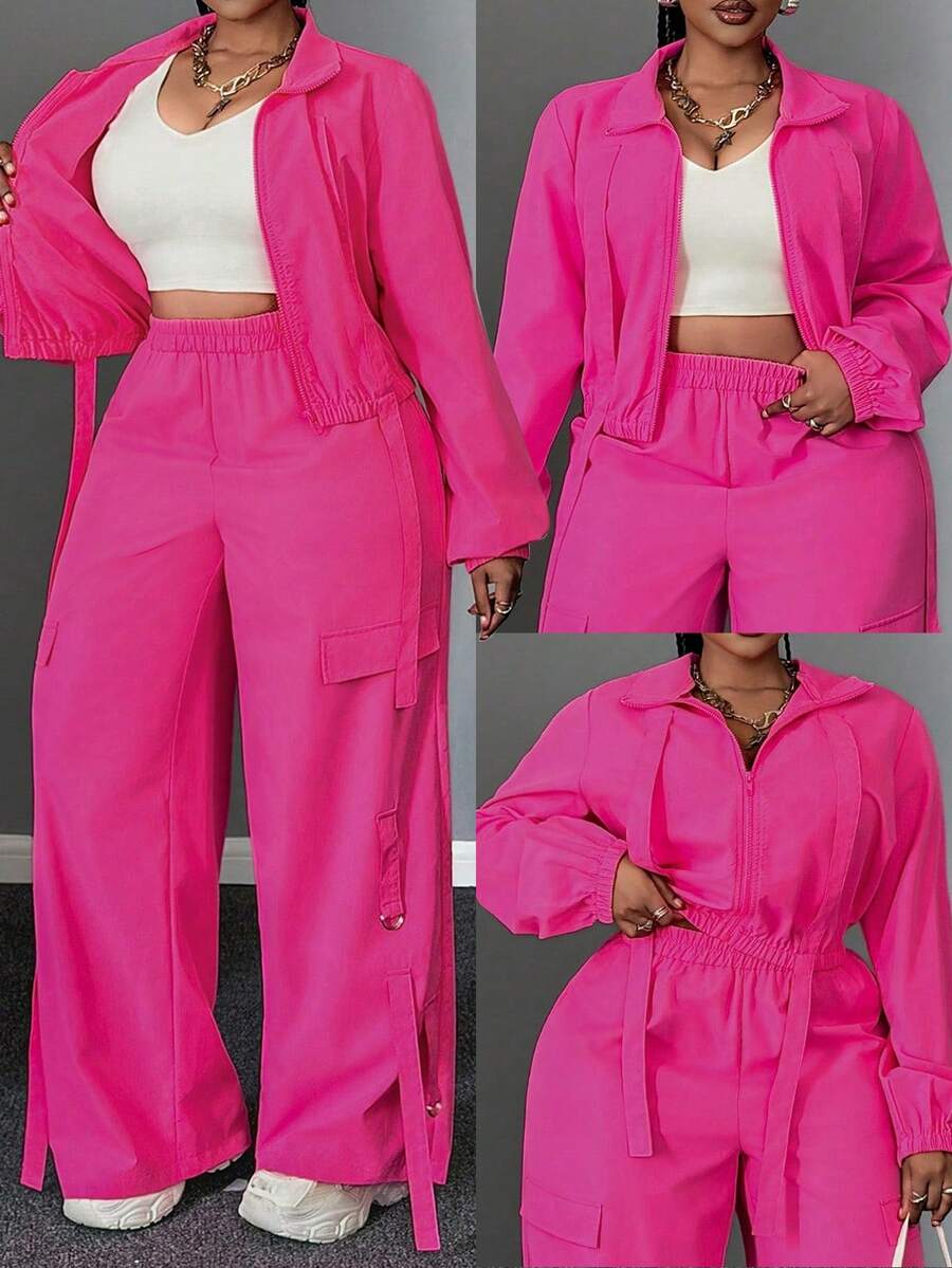 Maweii 2件套加大码时尚性感亮色长袖褶皱连体裤，秋季面料，女士粉色休闲套装 - 玫紅色 - 查看 1