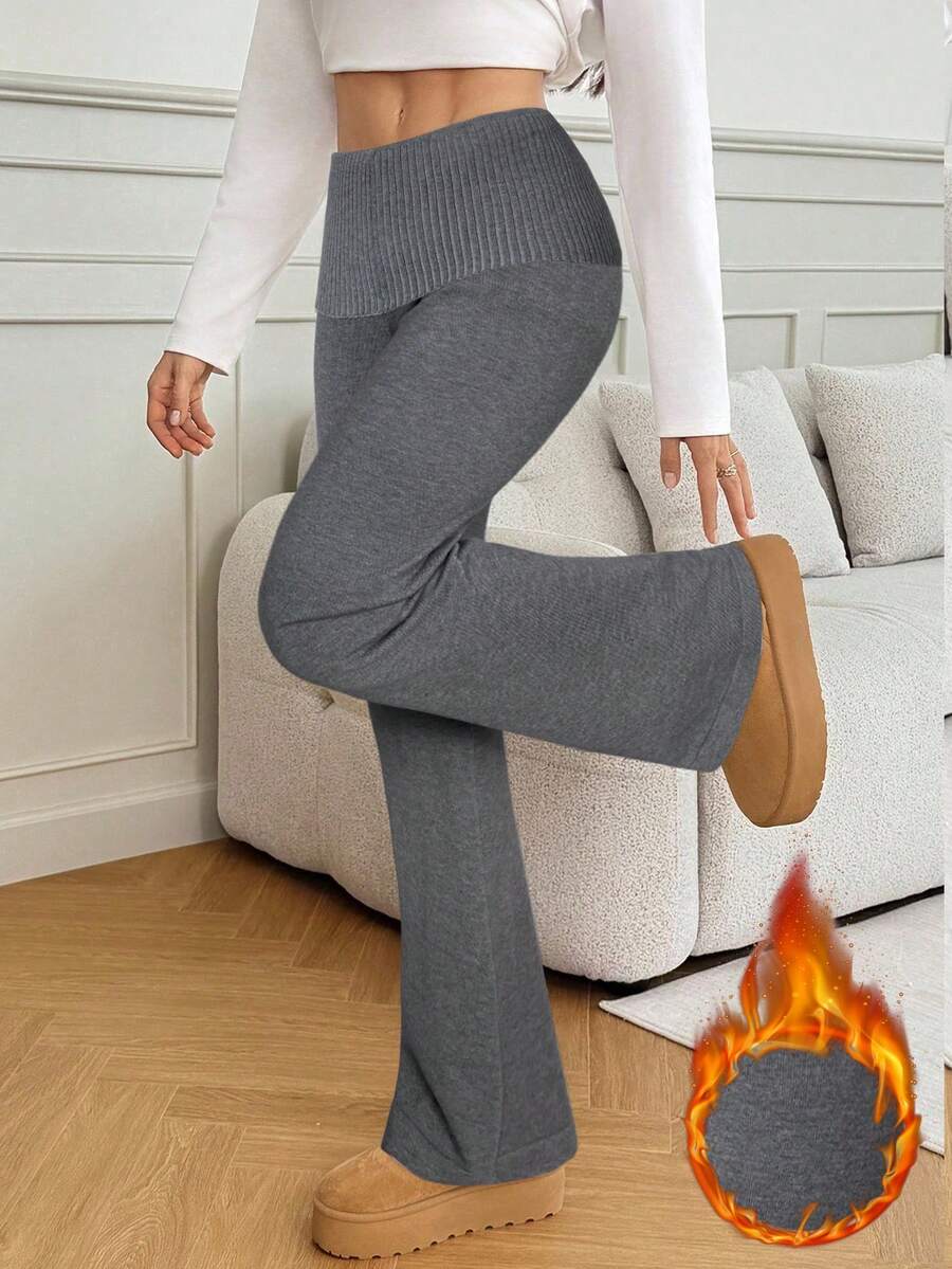 SHEIN Tall 女士弹力腰带休闲喇叭针织裤，秋冬季百搭单品 - 灰色 - 查看 1