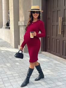 SHEIN Maternity Ribbed Minimalist Dress - Burgundy - View 8