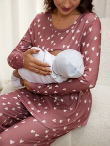 SHEIN Heart Print Nursing Top And Pants 2 Pieces Set For Pregnant Women - Multicolor - View 5