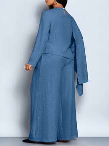 SOLERSUN Áo choàng và quần ống rộng thời trang nữ cỡ lớn mới thanh lịch, giản dị, màu trơn, khăn choàng, áo choàng và quần ống rộng, phù hợp mặc hàng ngày, mua sắm, mặc lễ Tạ ơn, viền áo không đều, vải dệt kaki nhạt, mặc trong lễ Halloween - Màu xanh lam - Xem 4