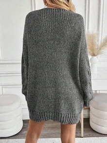 EMERY ROSE New V-Neck Cardigan For Women, European And American Style, Chunky Knit, Versatile, Minimalist Fashion Knit Top/Dress - Grey - View 2