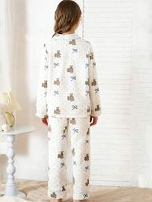 Conjunto de pijama de manga larga con lunares y diseño de oso lindo para niñas