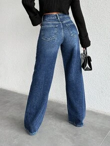 SHEIN PETITE Petite High Waist Asymmetric Belt Wideleg Jean - Dark Wash - View 2