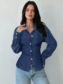 Firerie Women's Blue & White Striped Long Sleeve Shirt, Tie-Waist Blouse, Casual Commuter Shirt, Vacation Shirt, Cinched Waist Striped Shirt, Suitable For Spring, Summer, Autumn, Winter, Elegant, Vacation, Bohemian, Work Attire Buisness Casual Women Shirts Office Shirts For Women Blue Striped Shirt - Navy Blue - View 5