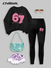 Sparklyn 2pcs/Set Number 67 Graphic Print Top, Tween Girl Crew Neck Sweatshirt And Leggings Set, Fashionable Casual, Suitable For Autumn/Winter - Black - View 3
