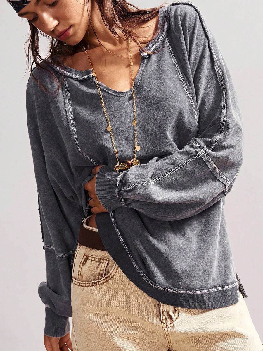 Bohemela 大码纯色简约长袖T恤，日常穿着 - 灰色 - 查看 1