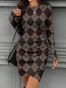 SHEIN LUNE Váy ngắn tay dài bo gấu eo ôm sát thanh lịch dành cho nữ, mùa thu/đông - Nhiều màu - Xem 5