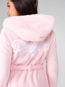 Missguided x Playboy Luxurious Fleece Hooded Maxi Dressing Gown Robe With Belt Long Sleeve Cozy Winter Loungewear Spa Bath Robe - Pink - View 4