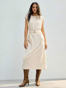 Maija Women's Solid Color Round Neck Cap Sleeve Utility Pocket Casual Mid-Length Dress - Apricot - View 6