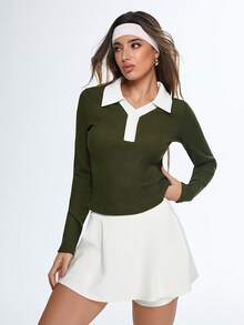 SHEIN Dewbera Women's Olive Green Contrast Collar Ribbed Polo Shirt, Minimalist Retro Style, Long Sleeve Athleisure Top - Dark Green - View 4