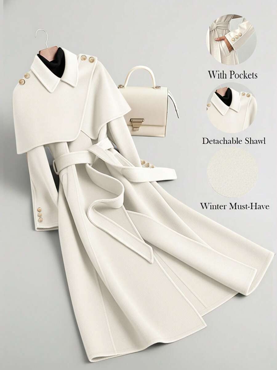 GlowEve Women's Elegant Cinched Waist Wrap Coat, Simple Solid Color Long Sleeve Maxi Cardigan Suitable For Outings, Autumn/Winter - White - View 1