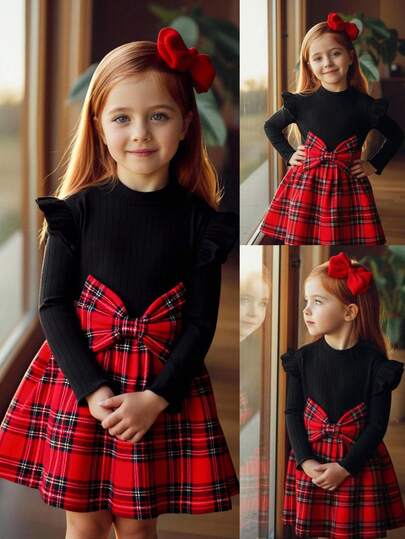 Emery Rose Kids Emery Rose Kids 年轻女孩 2 件套可爱格子拼布校园风格服装，荷叶边长袖立领针织 T 恤上衣和大蝴蝶结细节半身裙，非常适合秋冬季休闲日常穿着和学校日常穿着，适合圣诞节