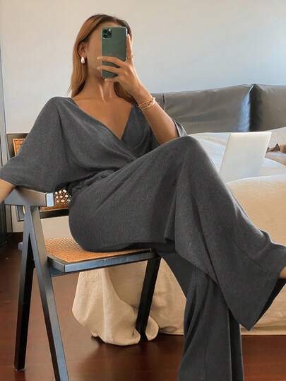 DAZY Minimalistisk stickad pyjamas med åtsittande midja för kvinnor