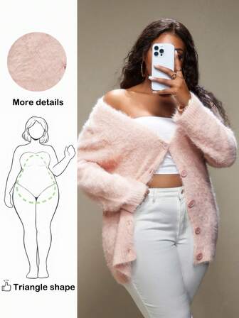 Truni プラスサイズ レディース ピンク ニットカーディガン、長袖 ロング丈 ニットセーター 秋冬、梨型体型向け