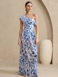 Swim Oasis 1pc Women's One-Piece Swimsuit + Mesh Skirt Halter Ruffled Elegant Chic Vacation 2-Piece Set, Spring/Summer/Autumn Beach Skirt Set Blue And White Floral Skirt Set Pucci Two Piece Set Women Skirt Women Matching Sets Summer Two Piece Skirt Set Summer Filipiniana Bathers - Blue and White - View 6