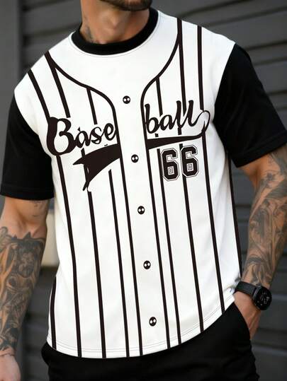Manfinity Dauomo 【棒球图案T恤】男士棒球条纹图案T恤 | 黑白撞色短袖T恤，印有“Baseball 66”字样，透气圆领夏季休闲上衣，适合运动和休闲穿着，可机洗，耐穿面料