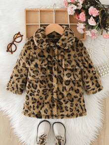 SHEIN Playful Pals 女婴豹纹仿毛皮外套，保暖加厚长款抓绒外套，适合日常穿着，也适合外出，秋冬季穿着。 - 棕色 - 查看 1