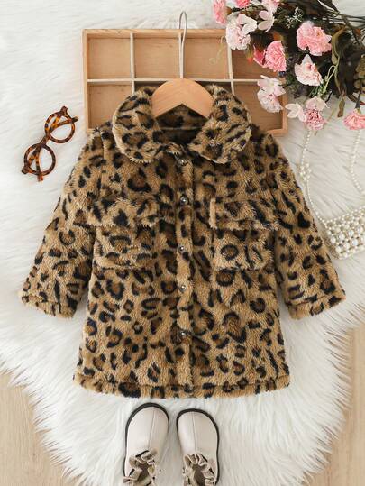 SHEIN Playful Pals Baby GirlLeopard Faux Fur Coat, Warm Thick Fleece Long Jacket For Everyday Wear, Suitable For Outings, Autumn/Winter