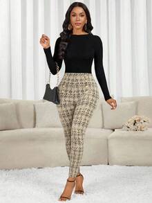 SHEIN Lady Quần legging kẻ caro đính nút cho nữ, thời trang và đa năng - Màu be - Xem 7