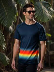 Manfinity Swimmode Summer Men's Ombre Round Neck Short Sleeve Rash Guard Men Summer Tshirts Men Tees Pride Shirt Men Gay Clothes Rainbow Shirt Men - Dusty Blue - View 4