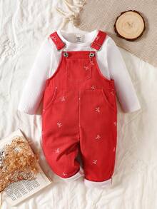 SHEIN Bộ 2 quần yếm nhung kẻ cho bé gái, trang phục thời trang họa tiết hoa nhỏ xinh xắn - Đỏ - Xem 3