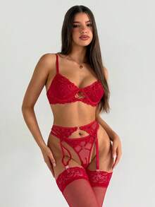 Aloruh Elegante Damen Rot 3/4 Ärmel Spitze Raffung, geeignet für Herbst/Winter, Neujahr, Partys, Treffen, einfarbiges Spitzenband dekorierter Spitzen-Lingerie-Set 5 Packungen Blumenstickerei Mesh BH-Strumpfhalter Lingerie-Set Braut Lingerie