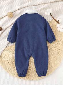 Baby Boys Thermal Lined Jumpsuit, Thickened Warm Turtleneck Long Sleeve Outfit, Comfortable Versatile Casual Cute Simple Basic Style, Suitable For Indoor, Outdoor, Daily Wear, Sports, Play, Party, Photo Shoot, Halloween In Autumn/Winter - Navy Blue - View 2