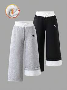 SHEIN ChillGRL 2pcs Young Girls Casual All-Match Versatile Street Style Loose Fit Contrast Color Waistband Design Sweatpants, Autumn/Winter