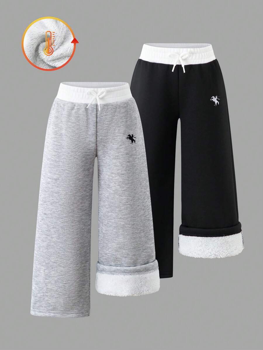 SHEIN ChillGRL 2pcs Young Girls Casual All-Match Versatile Street Style Loose Fit Contrast Color Waistband Design Sweatpants, Autumn/Winter