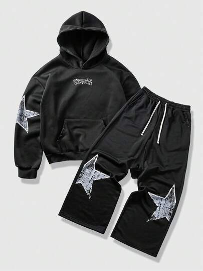 Street Life Men's Pentagram Star Print Pocket Hoodie And Drawstring Waist Sweatpants Set