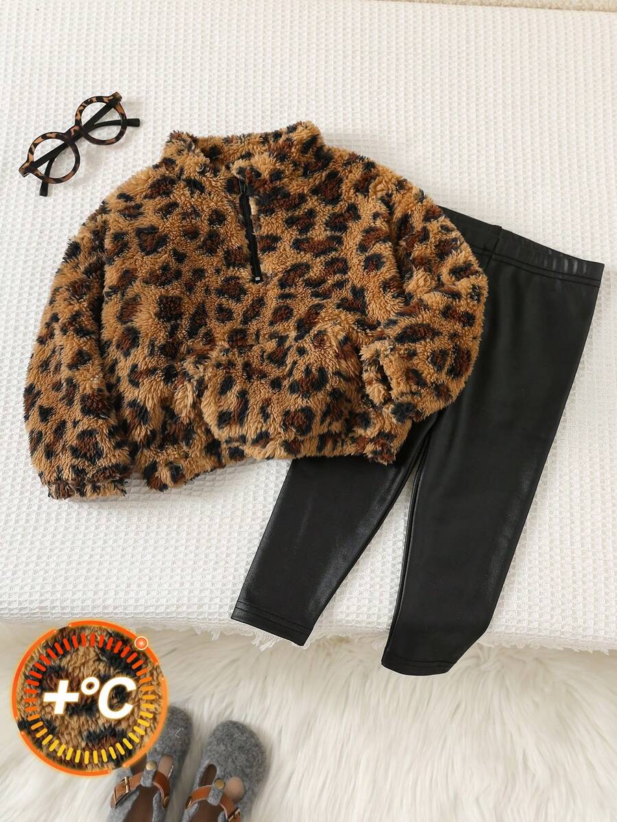 2pcs/Set Baby Girl Casual Fluffy Leopard Print Stand Collar Hoodie And PU Leggings, Autumn/Winter