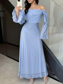 Modelyn 女士纯色荷叶边露肩优雅长袖连衣裙 - 藍色 - 查看 6