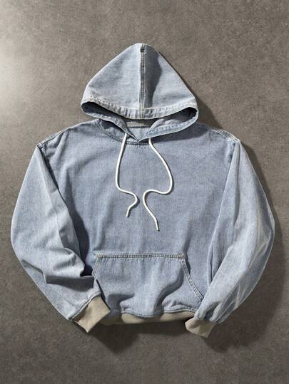 ROMWE MEN Casual Men's Vintage Hooded Punk Drawstring Loose Denim Jacket