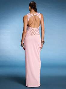 Normani Vestido maxi asimétrico de encaje transparente con corte en la cintura, vestido transparente sexy para vacaciones - Rosa coral - Ver 2